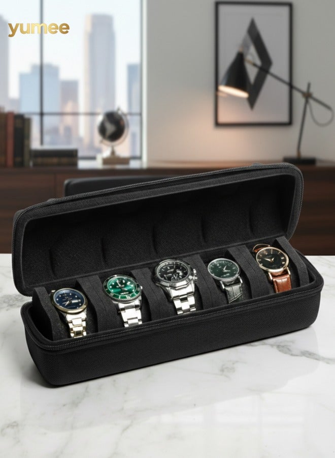 يمي حقيبة سفر لحفظ 5 ساعات - صندوق منظم صلب مقاوم للماء والصدمات مع وسائد إسفنجية ناعمة، حقيبة تخزين ساعات محمولة بسحاب للرجال والنساء، تناسب ساعات يصل قطرها إلى 60 مم (أسود) - Image 5